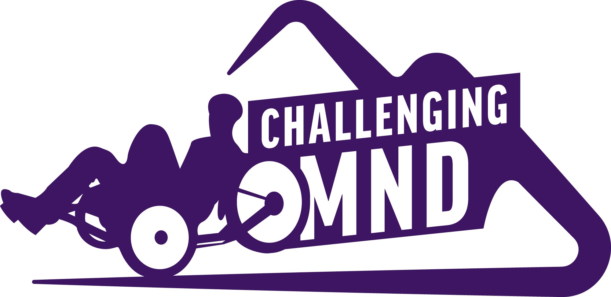 Challenging MND logo featuring purple text and an image of a man on a recumbent bike, symbolising determination, movement, and support for people with motor neurone disease.